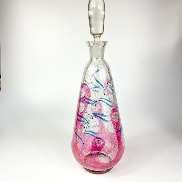MCM Crackle Glass Enameled Botanical design Decanter Bohemia - Picture 2 of 10